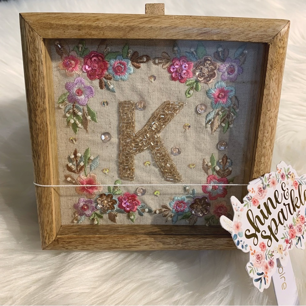 Jewelry Trinket Wood Box With Framed Detailed Embroidery Beading Letter “K” NWT